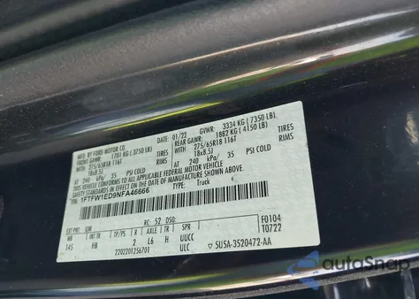 2022 Ford F-150 Lariat z USA, uszkodzony, nr VIN 1FTFW1ED9NFA46666